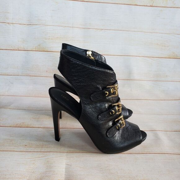 Nine West Leather Mohawkit Peep Toe Heeled Ankle Boots Booties Buckle Black 8M - Picture 9 of 16